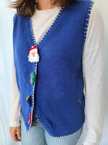Simple Blue Sweater with Special Buttons Vest