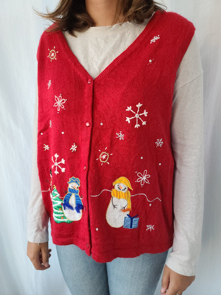 Snowflakes and Snowmen Button Red Sweater Vest
