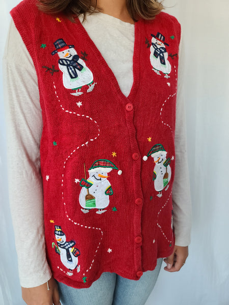Assorted Snowmen Red Button up Vest
