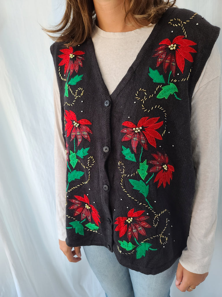 Black Poinsettia Button Christmas Vest – The Sweater Emporium