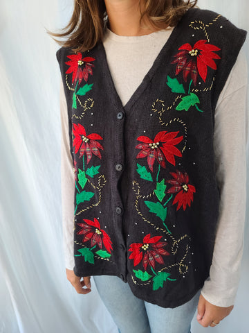 Black Poinsettia Button Christmas Vest
