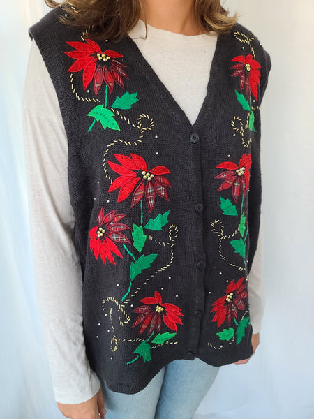 Black Poinsettia Button Christmas Vest