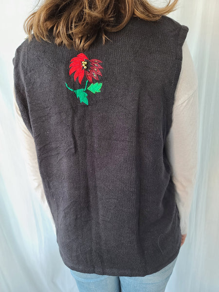 Black Poinsettia Button Christmas Vest