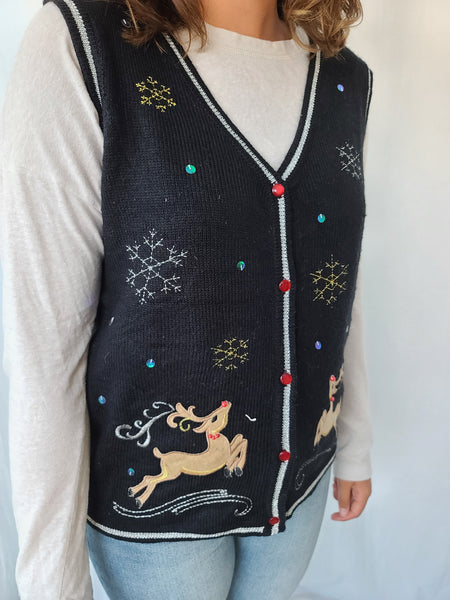 Reindeer and Snowflakes Black Vest