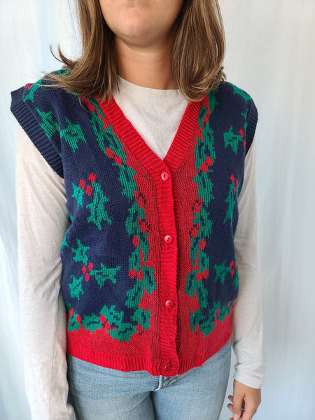 Vintage Holly Button up Christmas Vest