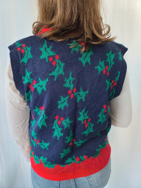 Vintage Holly Button up Christmas Vest