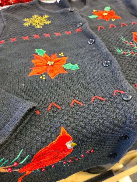 Poinsettia and Cardinals Button up Sweater