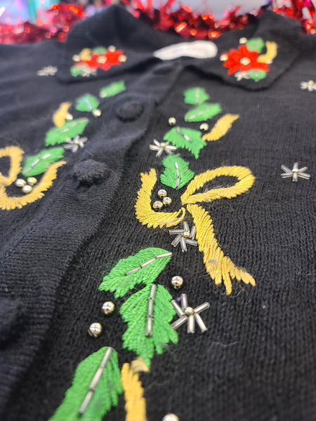 Poinsettia and Garland Button up Christmas Sweater