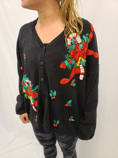 Candy Cane and Holly Button Sweater