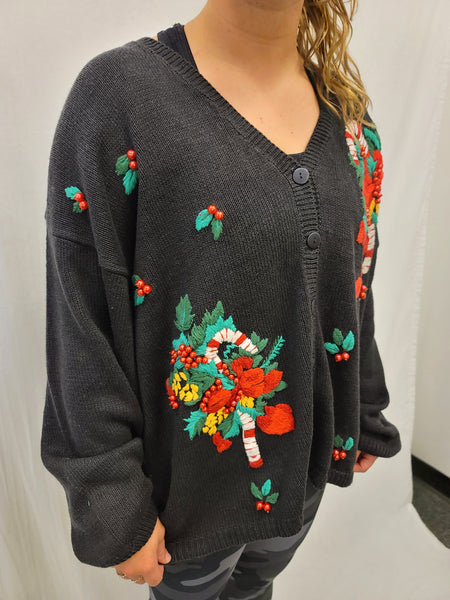 Candy Cane and Holly Button Sweater