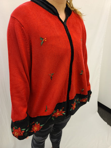 Poinsettia and Holly Zipper Sweater