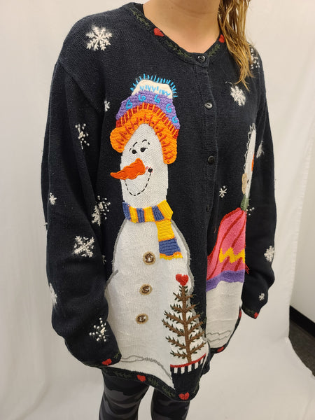 Happy Snowmen and Cat Button Sweater