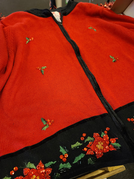Poinsettia and Holly Zipper Sweater