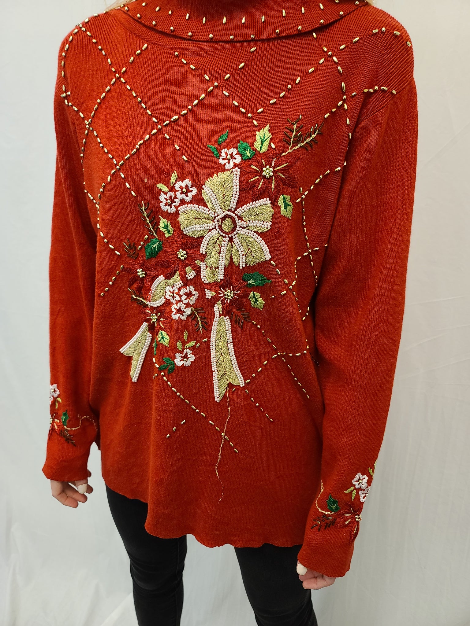 Long Turtleneck Poinsettia and Bow Bead Pullover Sweater