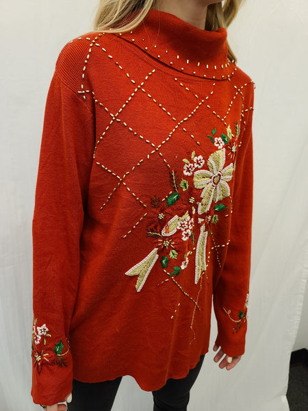 Long Turtleneck Poinsettia and Bow Bead Pullover Sweater