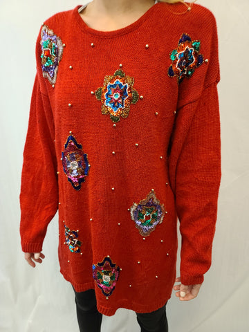 Ornamental Long Red Pullover Sweater