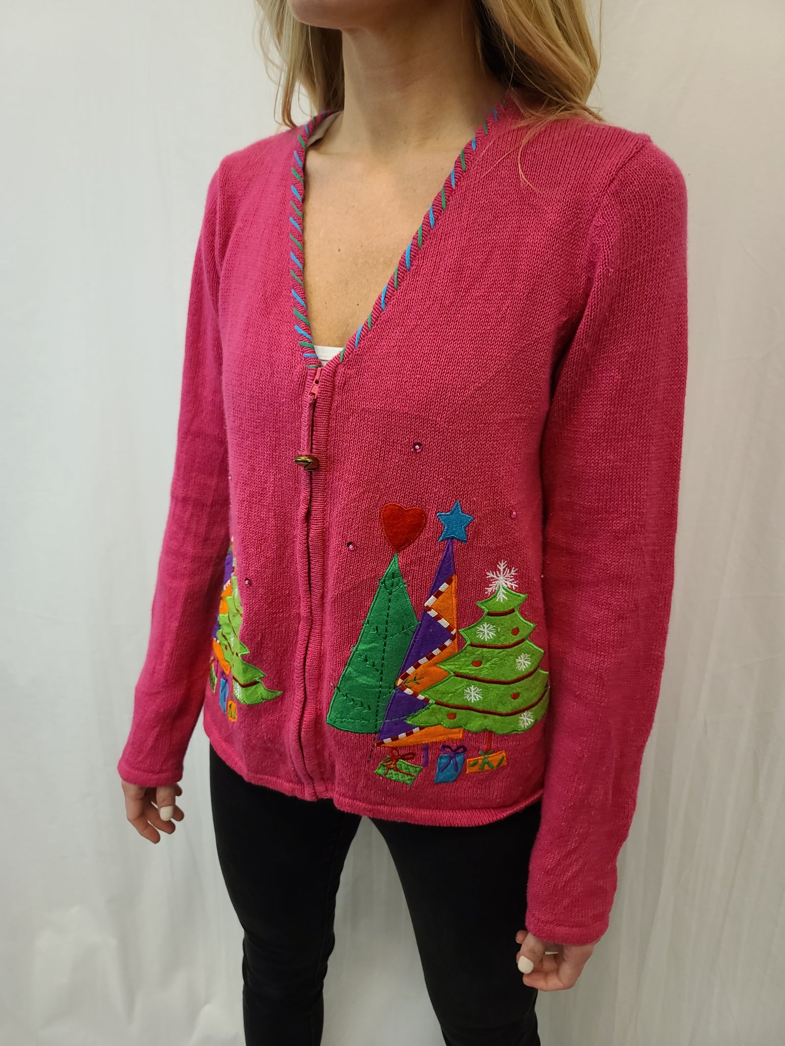 Hot Pink Christmas Trees Zipper Sweater