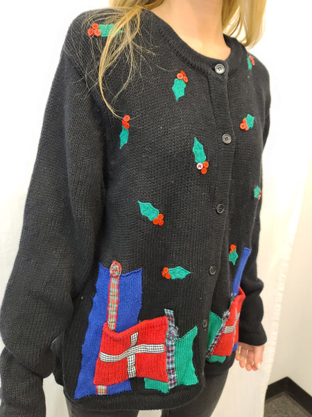 Holly and Presents button sweater with pockets