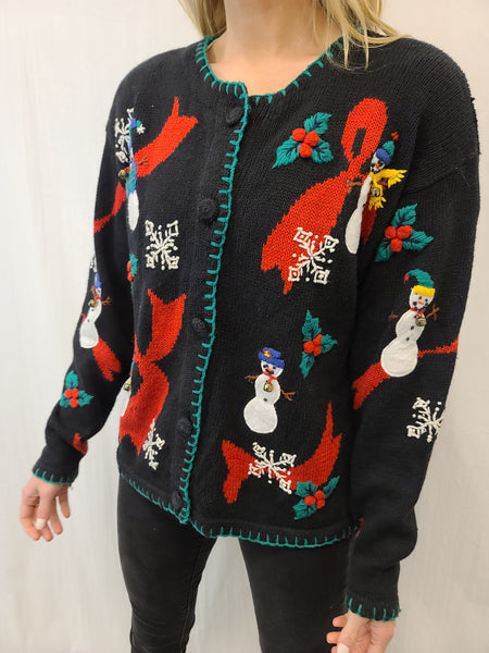 Snowmen Ribbons Holly and Bells button Sweater